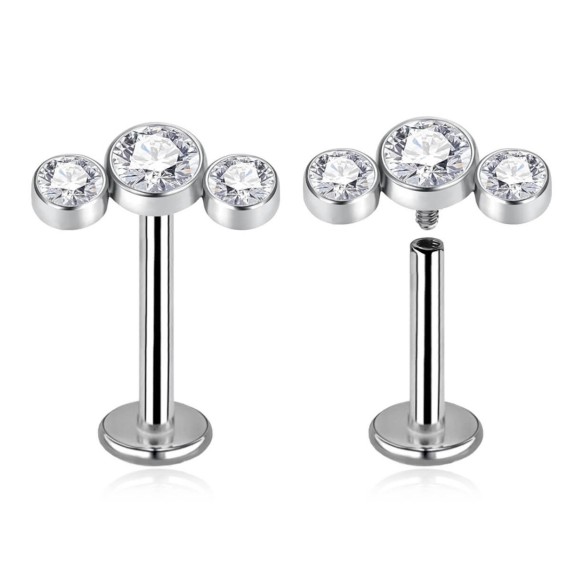 Labret in Titanio G23 ASTM F136 con Terminale a Tre Cristalli - Filettatura Interna
