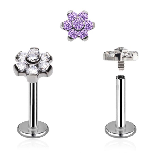 Labret in Titanio G23 ASTM F136 con Terminale Fiore di Zirconie - Filettatura Interna